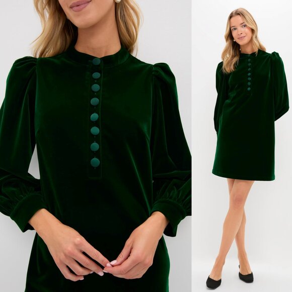 Pomander Place NEW Hunter Green Velvet Samantha Formal Puff Sleeve Mini Dress L - Picture 1 of 10